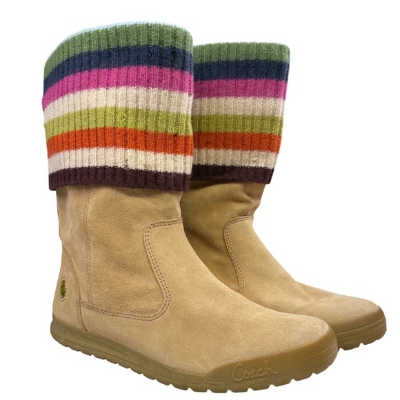 Coach Shoes - Coach Tatum Q247 Boots Womens 8M Tan Suede Wool Knit Cuff